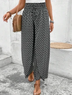 Best Women's Wide Leg Pants Trousers Streetwear Casual Long High Waist Geometic Pocket Printing Elastic Drawstring Design Breathability Soft Micro-elastic Vacation Street Daily Wear Cuticolor Black White Women Pants