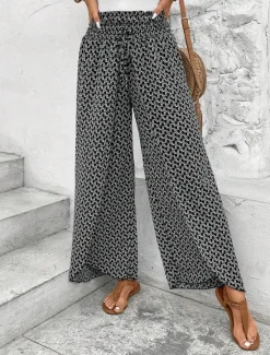 Best Women's Wide Leg Pants Trousers Streetwear Casual Long High Waist Geometic Pocket Printing Elastic Drawstring Design Breathability Soft Micro-elastic Vacation Street Daily Wear Cuticolor Black White Women Pants