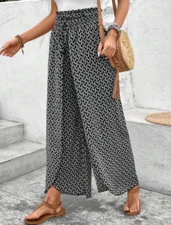 Best Women's Wide Leg Pants Trousers Streetwear Casual Long High Waist Geometic Pocket Printing Elastic Drawstring Design Breathability Soft Micro-elastic Vacation Street Daily Wear Cuticolor Black White Women Pants