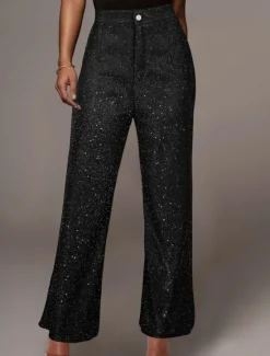 Online Women's Wide Leg Pants Trousers Fashion Streetwear Sparkle Full Length High Waist Solid Color Sequins Comfort Breathability Soft Micro-elastic Vacation Party Street Black Golden Pink Blue Fall Winter Women Pants