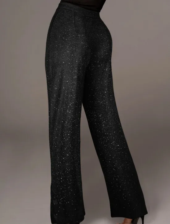 Online Women's Wide Leg Pants Trousers Fashion Streetwear Sparkle Full Length High Waist Solid Color Sequins Comfort Breathability Soft Micro-elastic Vacation Party Street Black Golden Pink Blue Fall Winter Women Pants