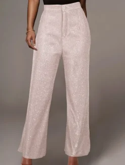 Online Women's Wide Leg Pants Trousers Fashion Streetwear Sparkle Full Length High Waist Solid Color Sequins Comfort Breathability Soft Micro-elastic Vacation Party Street Black Golden Pink Blue Fall Winter Women Pants