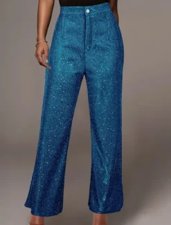 Online Women's Wide Leg Pants Trousers Fashion Streetwear Sparkle Full Length High Waist Solid Color Sequins Comfort Breathability Soft Micro-elastic Vacation Party Street Black Golden Pink Blue Fall Winter Women Pants