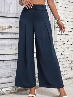Online Women's Wide Leg Vacation Vintage Ethnic Style Full Length Mid Waist Plain Micro-elastic Vacation Home Office Coffee brown Black Navy Blue Army Green Spring Fall Regular Fit Women Pants