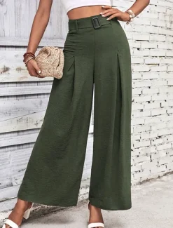 Online Women's Wide Leg Vacation Vintage Ethnic Style Full Length Mid Waist Plain Micro-elastic Vacation Home Office Coffee brown Black Navy Blue Army Green Spring Fall Regular Fit Women Pants