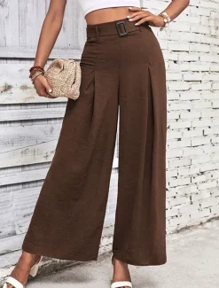 Online Women's Wide Leg Vacation Vintage Ethnic Style Full Length Mid Waist Plain Micro-elastic Vacation Home Office Coffee brown Black Navy Blue Army Green Spring Fall Regular Fit Women Pants