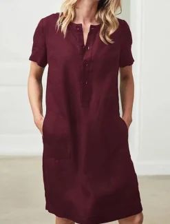 Best Women's Wine khaki Gray Summer Spring Midi Dress Linen-Inspired Dresses Casual Daily Loose Fit Plain Crew Neck Women Dresses