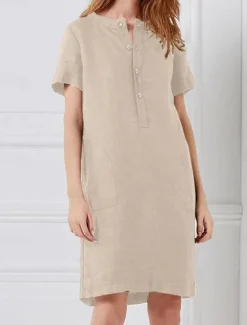 Best Women's Wine khaki Gray Summer Spring Midi Dress Linen-Inspired Dresses Casual Daily Loose Fit Plain Crew Neck Women Dresses
