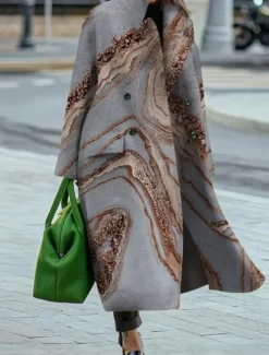 New Women's Winter Coat Coat Cloak / Capes Windproof Warm Work Street Daily Wear Vacation Pocket Single Breasted Turndown Casual Street Style Color Marble Gradient Loose Fit Outerwear Fall Winter Women Coats & Trench Coats