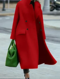 Women's Winter Coat Coat Cloak / Capes Windproof Warm Pocket Casual Street Style Plain Vacation Work Street Daily Wear Single Breasted Turndown Loose Fit Long Sleeve Outerwear Red Blue Green Fall Women Coats & Trench Coats