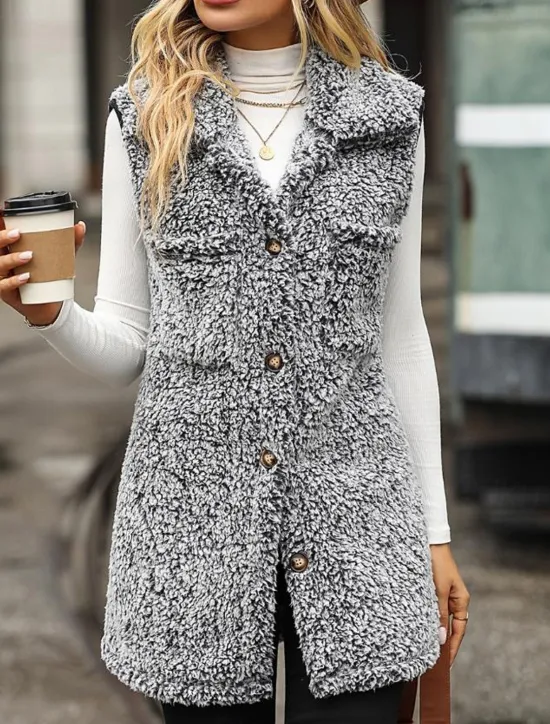 Discount Women's Winter Coat Coat Warm Buttons Casual Street Style Solid Color Vacation Work Daily Wear Single Breasted Turndown Loose Fit Long Sleeve Outerwear Light Pink Black Khaki Fall Winter Women Vest|Coats & Trench Coats