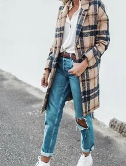 Outlet Women's Winter Coat Coat Windproof Warm Pocket Casual Street Style Plaid Vacation Work Street Daily Wear Single Breasted Turndown Loose Fit Long Sleeve Outerwear Fall Winter Women Coats & Trench Coats