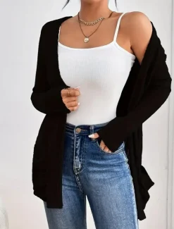 New Women's Winter Coat Comfortable Stripe Open Front Elegant Vintage Simple Classic Solid Color School Outdoor Vacation Home Cardigan Regular Collarless Regular Fit Long Sleeve Outerwear claret Black Women Coats & Trench Coats