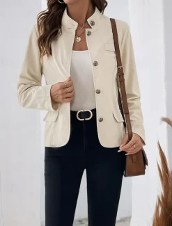 New Women's Winter Coat Comfortable Buttons Elegant Vintage Fashion OL Style Plain School Formal Vacation Office Single Breasted Short Stand Collar Regular Fit Long Sleeve Outerwear Spring Fall Women Blazers & Suits
