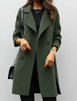 Hot Women's Winter Coat Fall Long Overcoat Double Breasted Pea Coat with Belt Windproof Classic Slim Fit Trench Coat Elegant Outerwear Long Sleeve ArmyGreen S Women Coats & Trench Coats