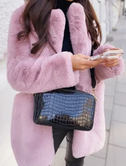 Online Women's Winter Coat Faux Fur Coat Warm Breathable Outdoor Valentine's Day Street Daily Wear Slim Fit Cardigan Lapel Fashion Daily Casual Solid Color Loose Fit Outerwear Long Sleeve Fall Winter Black Women Furs & Leathers