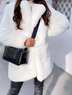 Online Women's Winter Coat Faux Fur Coat Warm Breathable Outdoor Valentine's Day Street Daily Wear Slim Fit Cardigan Lapel Fashion Daily Casual Solid Color Loose Fit Outerwear Long Sleeve Fall Winter Black Women Furs & Leathers