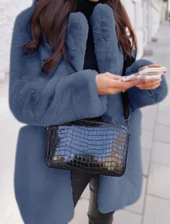 Online Women's Winter Coat Faux Fur Coat Warm Breathable Outdoor Valentine's Day Street Daily Wear Slim Fit Cardigan Lapel Fashion Daily Casual Solid Color Loose Fit Outerwear Long Sleeve Fall Winter Black Women Furs & Leathers