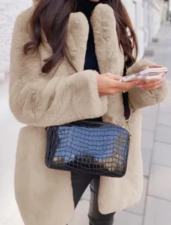 Online Women's Winter Coat Faux Fur Coat Warm Breathable Outdoor Valentine's Day Street Daily Wear Slim Fit Cardigan Lapel Fashion Daily Casual Solid Color Loose Fit Outerwear Long Sleeve Fall Winter Black Women Furs & Leathers