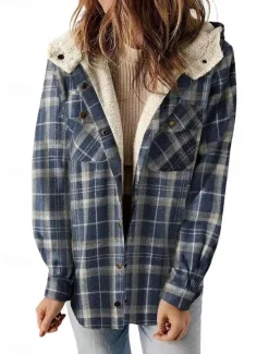Online Women's Winter Coat Fleece Jacket Hoodie Jacket Outdoor Street Daily Wear Fall Winter Regular Coat Regular Fit Thermal Warm Breathable Stylish Casual Jacket Long Sleeve Stripes and Plaid with Pockets Women Fleece-Lined Jackets