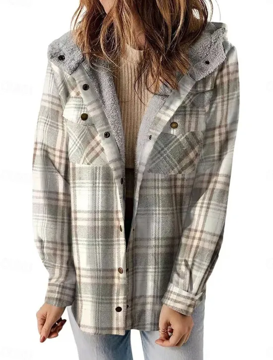 Online Women's Winter Coat Fleece Jacket Hoodie Jacket Outdoor Street Daily Wear Fall Winter Regular Coat Regular Fit Thermal Warm Breathable Stylish Casual Jacket Long Sleeve Stripes and Plaid with Pockets Women Fleece-Lined Jackets