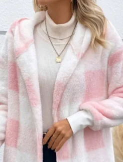 Outlet Women's Winter Coat Fleece Jacket Teddy Coat Warm Breathable Print Fleece Lined Casual Plaid Vacation Street Daily Wear Going out Open Front Regular Hoodie Regular Fit Long Sleeve Outerwear Pink Red Women Jackets