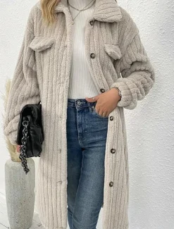 Hot Women's Winter Coat Fleece Jacket Teddy Coat Warm Breathable Pocket Fashion Casual Plain Work Street Single Breasted Long Turndown Loose Fit Long Sleeve Outerwear Brown Dark Grey Beige Fall Winter Women Coats & Trench Coats