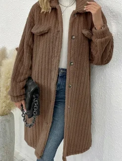 Hot Women's Winter Coat Fleece Jacket Teddy Coat Warm Breathable Pocket Fashion Casual Plain Work Street Single Breasted Long Turndown Loose Fit Long Sleeve Outerwear Brown Dark Grey Beige Fall Winter Women Coats & Trench Coats