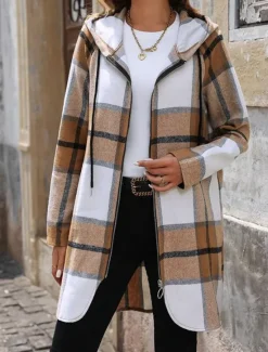 Online Women's Winter Coat Hoodie Jacket Outdoor Street Daily Wear Fall Winter Long Coat Regular Fit Thermal Warm Breathable Stylish Casual Jacket Long Sleeve Stripes and Plaid with Pockets Full Zip Women Jackets