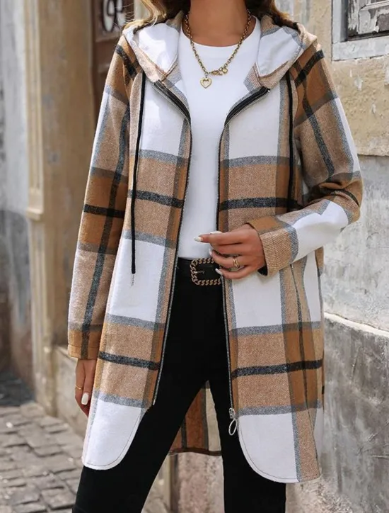 Online Women's Winter Coat Hoodie Jacket Outdoor Street Daily Wear Fall Winter Long Coat Regular Fit Thermal Warm Breathable Stylish Casual Jacket Long Sleeve Stripes and Plaid with Pockets Full Zip Women Jackets