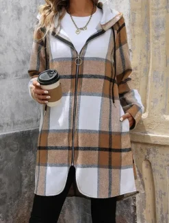 Online Women's Winter Coat Hoodie Jacket Outdoor Street Daily Wear Fall Winter Long Coat Regular Fit Thermal Warm Breathable Stylish Casual Jacket Long Sleeve Stripes and Plaid with Pockets Full Zip Women Jackets