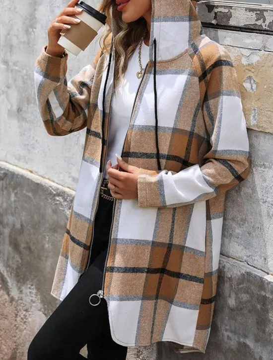 Online Women's Winter Coat Hoodie Jacket Outdoor Street Daily Wear Fall Winter Long Coat Regular Fit Thermal Warm Breathable Stylish Casual Jacket Long Sleeve Stripes and Plaid with Pockets Full Zip Women Jackets