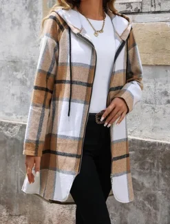 Online Women's Winter Coat Hoodie Jacket Outdoor Street Daily Wear Fall Winter Long Coat Regular Fit Thermal Warm Breathable Stylish Casual Jacket Long Sleeve Stripes and Plaid with Pockets Full Zip Women Jackets
