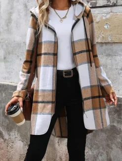 Online Women's Winter Coat Hoodie Jacket Outdoor Street Daily Wear Fall Winter Long Coat Regular Fit Thermal Warm Breathable Stylish Casual Jacket Long Sleeve Stripes and Plaid with Pockets Full Zip Women Jackets