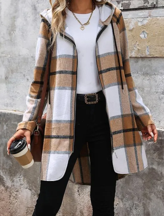 Online Women's Winter Coat Hoodie Jacket Outdoor Street Daily Wear Fall Winter Long Coat Regular Fit Thermal Warm Breathable Stylish Casual Jacket Long Sleeve Stripes and Plaid with Pockets Full Zip Women Jackets