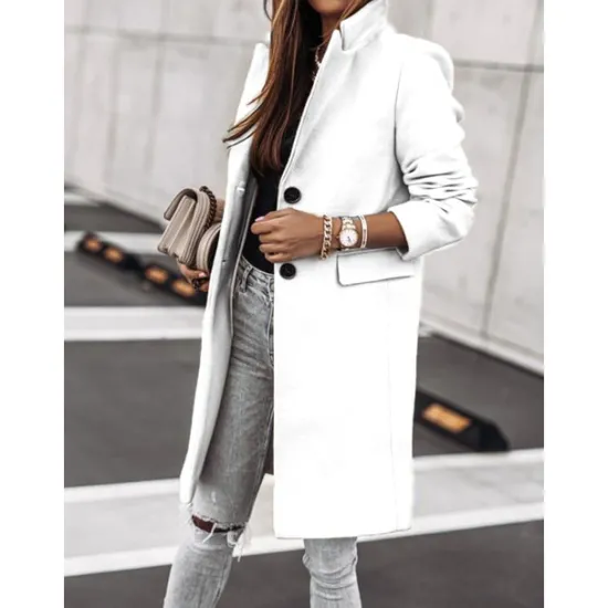New Women's Winter Coat Long Overcoat Fall Stand Collar Trench Coat Warm Windproof Pea Coat with Pockets Formal Stylish Casual Street Jacket Long Sleeve Black White Khaki Women Coats & Trench Coats