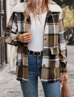 Discount Women's Winter Coat Outdoor Street Daily Wear Fall Winter Regular Coat Regular Fit Thermal Warm Breathable Stylish Casual Jacket Long Sleeve Stripes and Plaid with Pockets Fur Collar Women Coats & Trench Coats