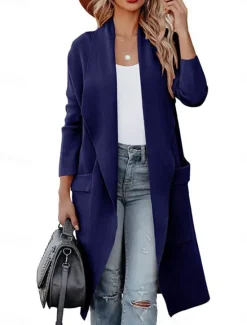 Women's Winter Coat Outdoor Street Daily Fall Winter Long Coat Regular Fit Warm Breathable Comtemporary Stylish Jacket Long Sleeve Solid Color with Pockets Blue Coffee Gray Women Cardigans & Outerwears