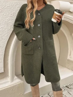 Best Women's Winter Coat Outdoor Street Daily Wear Fall Winter Long Coat Regular Fit Thermal Warm Breathable Stylish Casual Jacket Long Sleeve Plain with Pockets Army Green Khaki Apricot Women Coats & Trench Coats