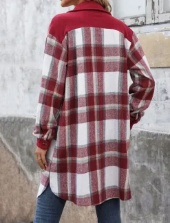 Outlet Women's Winter Coat Outdoor Street Daily Wear Fall Winter Long Coat Regular Fit Thermal Warm Breathable Stylish Casual Jacket Long Sleeve Stripes and Plaid with Pockets Print Wine Coffee Gray Women Coats & Trench Coats
