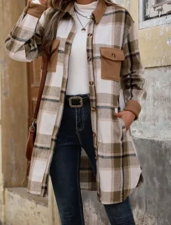 Outlet Women's Winter Coat Outdoor Street Daily Wear Fall Winter Long Coat Regular Fit Thermal Warm Breathable Stylish Casual Jacket Long Sleeve Stripes and Plaid with Pockets Print Wine Coffee Gray Women Coats & Trench Coats