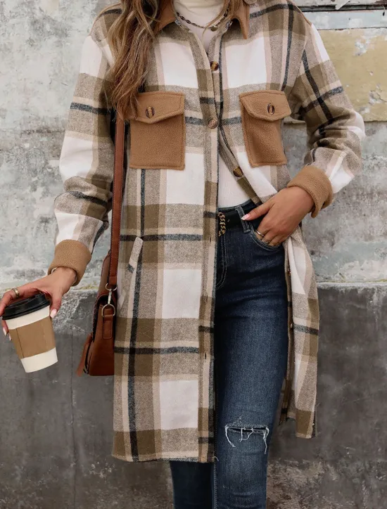 Outlet Women's Winter Coat Outdoor Street Daily Wear Fall Winter Long Coat Regular Fit Thermal Warm Breathable Stylish Casual Jacket Long Sleeve Stripes and Plaid with Pockets Print Wine Coffee Gray Women Coats & Trench Coats