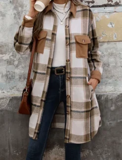 Outlet Women's Winter Coat Outdoor Street Daily Wear Fall Winter Long Coat Regular Fit Thermal Warm Breathable Stylish Casual Jacket Long Sleeve Stripes and Plaid with Pockets Print Wine Coffee Gray Women Coats & Trench Coats