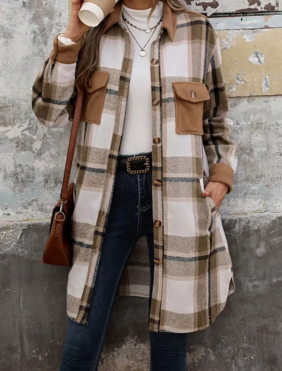 Outlet Women's Winter Coat Outdoor Street Daily Wear Fall Winter Long Coat Regular Fit Thermal Warm Breathable Stylish Casual Jacket Long Sleeve Stripes and Plaid with Pockets Print Wine Coffee Gray Women Coats & Trench Coats