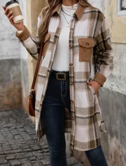 Outlet Women's Winter Coat Outdoor Street Daily Wear Fall Winter Long Coat Regular Fit Thermal Warm Breathable Stylish Casual Jacket Long Sleeve Stripes and Plaid with Pockets Print Wine Coffee Gray Women Coats & Trench Coats