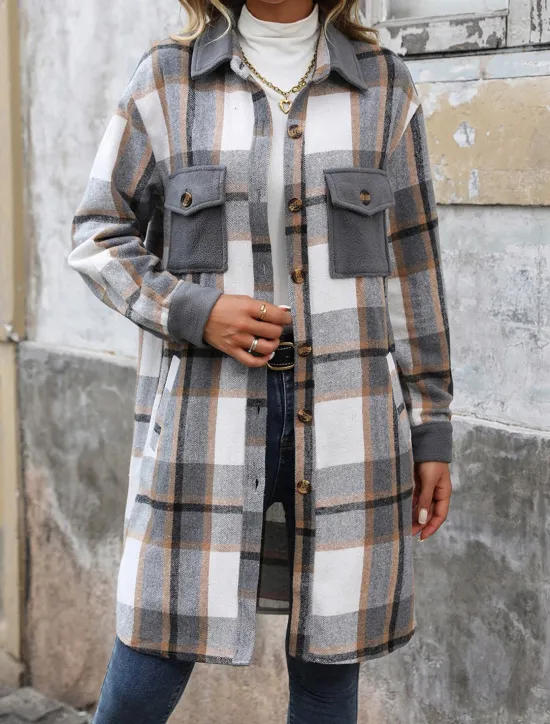 Outlet Women's Winter Coat Outdoor Street Daily Wear Fall Winter Long Coat Regular Fit Thermal Warm Breathable Stylish Casual Jacket Long Sleeve Stripes and Plaid with Pockets Print Wine Coffee Gray Women Coats & Trench Coats
