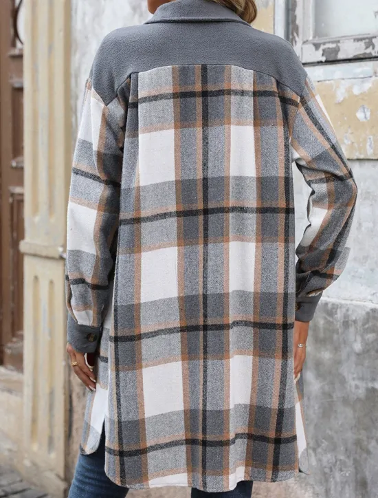 Outlet Women's Winter Coat Outdoor Street Daily Wear Fall Winter Long Coat Regular Fit Thermal Warm Breathable Stylish Casual Jacket Long Sleeve Stripes and Plaid with Pockets Print Wine Coffee Gray Women Coats & Trench Coats