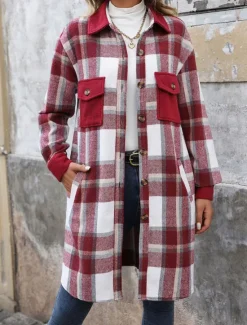 Outlet Women's Winter Coat Outdoor Street Daily Wear Fall Winter Long Coat Regular Fit Thermal Warm Breathable Stylish Casual Jacket Long Sleeve Stripes and Plaid with Pockets Print Wine Coffee Gray Women Coats & Trench Coats