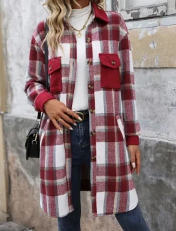 Outlet Women's Winter Coat Outdoor Street Daily Wear Fall Winter Long Coat Regular Fit Thermal Warm Breathable Stylish Casual Jacket Long Sleeve Stripes and Plaid with Pockets Print Wine Coffee Gray Women Coats & Trench Coats