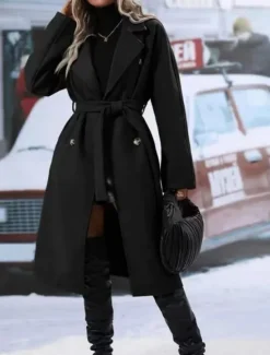 Discount Women's Winter Coat Outdoor Street Daily Fall Winter Regular Coat Regular Fit Warm Breathable Comtemporary Stylish Jacket Long Sleeve Solid Color with Pockets With Belt Black Red Khaki Women Coats & Trench Coats
